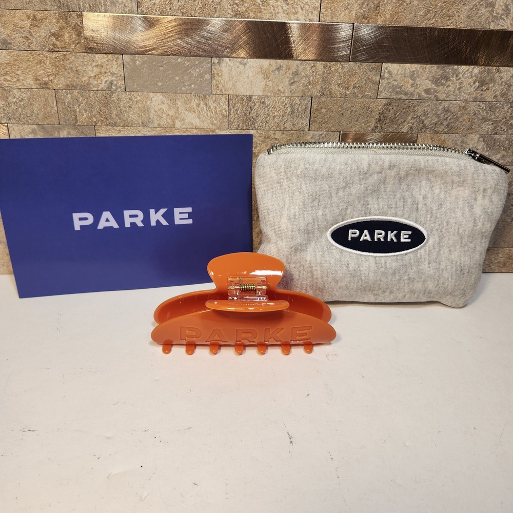 Parke Bright Orange Hair Claw Clip and Gray Heathered Logo Zip Pouch Set